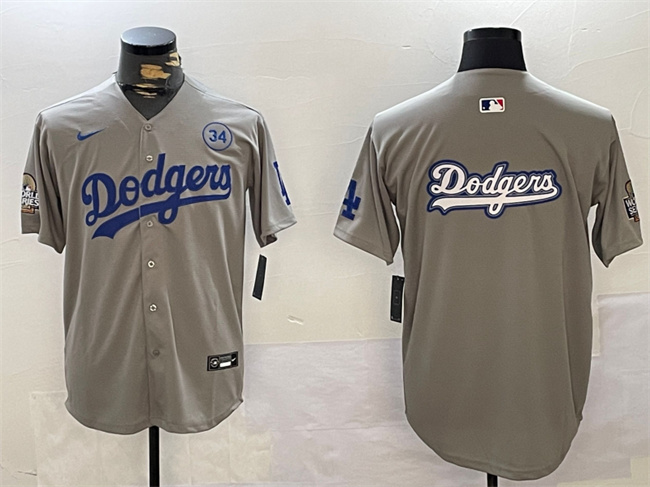 Men's Los Angeles Dodgers Team Big Logo Grey 2024 World Series With No. 34 Patch Limited Stitched Baseball Jersey Men's Los Angeles Dodgers Team Big Logo Grey 2024 World Series With No. 34 Patch Limited Stitched Baseball Jersey